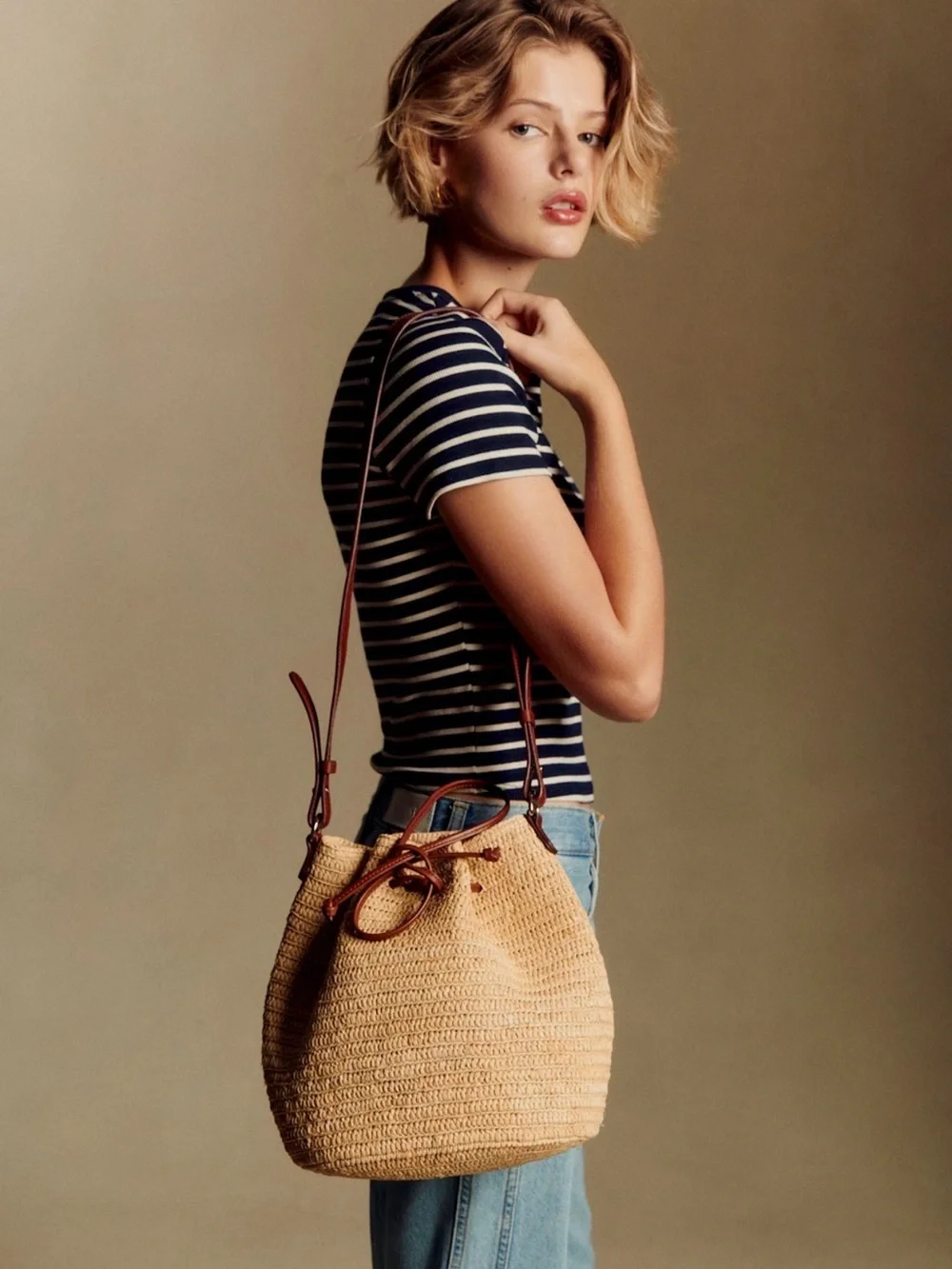 Sezane - NEW Farrow Bag - Woven Straw Bucket Bag with Drawstring Closure